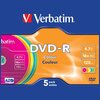 Opakowanie płyt DVD-R marki Verbatim, zawierające 5 kolorowych płyt o pojemności 4.7 GB i prędkości zapisu 16x, z czasem nagrywania do 120 minut. Na opakowaniu widoczne są napisy: "DVD-R", "Colour", "4.7 GB", "16x speed", "120 min", oraz logo Verbatim.