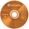Pomarańczowa płyta DVD-R marki Verbatim z widocznymi napisami: "4.7 GB Go", "16x speed vitesse", "120 min" oraz logo Verbatim. Na płycie znajdują się także linie do opisu oraz oznaczenie DVD-R.