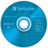 Niebieska płyta DVD-R marki Verbatim z białym napisem "Verbatim" na górze. Na płycie znajdują się oznaczenia: "4.7 GB Go", "16x speed vitesse", "120 min" oraz kilka linii do opisu.