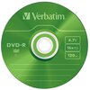 Zielona płyta DVD-R marki Verbatim z oznaczeniami: "4.7 GB", "16x speed vitesse", "120 min". Widoczne jest logo Verbatim oraz kilka linii do opisu.