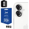 Opakowanie produktu z napisem "3mk Protection Lens Pro™ Protection for iPhone" oraz ilustracją przedstawiającą ochronę na obiektyw aparatu. Obok znajduje się fragment telefonu z dwoma obiektywami, na których zamontowane jest przezroczyste szkło ochronne.
