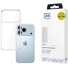 Przezroczyste etui na telefon jest umieszczone obok smartfona, którego tył jest widoczny. Obok znajduje się opakowanie z logo "3mk" oraz tekstem "Armor Case™ Premium back protection" i "Maximum durability".