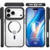 Na zdjęciu widoczne jest przezroczysto-czarne etui na telefon z trzema otworami na aparaty oraz logo w kształcie jabłka. Na ekranie telefonu znajduje się grafika z napisem: "DEDICATED TO: Apple iPhone 17 Pro Max" oraz logo "3mk".