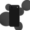 Czarne etui na telefon z widocznym otworem na aparat i przyciski boczne. W tle znajdują się rozmyte, ciemnoszare okręgi.