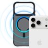 Czarne etui 3MK Smoke MagCase do Apple iPhone 17 Pro z widocznym okrągłym wzorem i logo "3mk" na dole. Obok znajduje się biały telefon z trzema aparatami i logo w kształcie jabłka.