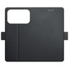 Czarne etui 3MK Wallet Case do Apple iPhone 17 Pro z widocznym dużym wycięciem na aparat oraz trzema małymi otworami w górnej części. Etui ma teksturę przypominającą szczotkowany metal i widoczne przeszycia na krawędziach.