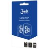 Niebieskie opakowanie z białym napisem "3mk Protection" oraz "Lens Pro™ Protection for iPhone" zawiera ilustrację nakładki na obiektyw telefonu. Na dole znajdują się ikony z napisami: "unbreakable", "1 pc." oraz "9H hardness".