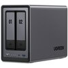 Na zdjęciu znajduje się szary serwer plików z dwoma zatokami oznaczonymi numerami "01" i "02". Na obudowie widoczne jest logo "UGREEN" oraz porty oznaczone jako LAN, USB-C i USB3.2.