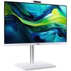 Monitor komputera z cienkimi ramkami, umieszczony na srebrnej podstawie, wyświetla abstrakcyjną grafikę w odcieniach niebieskiego i zielonego. Na dolnej ramce widoczne jest logo "acer".