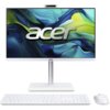 Na zdjęciu widoczny jest komputer stacjonarny typu all-in-one z logo "acer" na ekranie, umieszczony na białej podstawie, z białą klawiaturą i myszką. Ekran wyświetla abstrakcyjną grafikę w odcieniach zieleni, niebieskiego i żółtego.