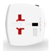 Biały adapter podróżny z czerwonymi elementami, posiada dwa otwory na wtyczki oraz napis "Caution: For use with unearthed appliances only" i "2.5 A – Max 625 W – 250 V ~". Produkt ma zaokrąglone krawędzie i kompaktowy kształt.