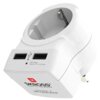 Biały adapter podróżny z dwoma portami USB i gniazdem elektrycznym, na którym widnieje napis "SKROSS ADAPTING TO THE WORLD" oraz "DESIGNED IN SWITZERLAND". Na urządzeniu znajduje się również informacja: "USB Charger Output 5V 2.4 A max".