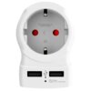 Biały adapter podróżny z dwoma gniazdami USB i okrągłym wejściem na wtyczkę, z widocznym napisem "This adapter does not convert voltage" oraz oznaczeniem "16 A, 250 V". Pod gniazdami USB znajduje się symbol USB i napis "USB Charger Output: 5 V 2.4 A max."