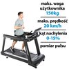 Bieżnia elektryczna z widocznym logo "TUNTURI" i "Platinum" na ramie, obok której znajdują się napisy: "maks. waga użytkownika 150kg", "maks. prędkość 20 km/h", "kąt nachylenia 0-15%", "pomiar pulsu". Na bieżni znajduje się osoba w stroju sportowym.