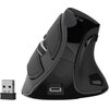 Czarna, pionowa mysz komputerowa z kilkoma przyciskami i widocznym portem USB-C, obok której znajduje się mały odbiornik USB. Na górze myszy widoczne jest logo producenta.