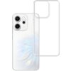 Przezroczyste etui na telefon z widocznymi wycięciami na aparat, obok którego znajduje się telefon z gradientowym wzorem w odcieniach bieli i błękitu oraz logo "Oppo" na dole. Etui jest dopasowane do modelu Oppo Reno 14.