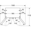 Schemat przedstawia wymiary lodówki z oznaczeniami liczbowymi: szerokość 1393 mm, wysokość 1102 mm, oraz szerokość głównej części 905 mm. Dodatkowo, pokazane są kąty otwarcia drzwi wynoszące 90° i 118°, a także odległości boczne 50 mm i 244 mm.