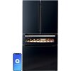 Czarna lodówka z serii iQ700 posiada elegancki design z podwójnymi drzwiami i szufladą na wino, na której widnieje napis "SIEMENS". Obok lodówki znajduje się smartfon z aplikacją "HomeConnect" na ekranie.