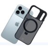 Na zdjęciu widoczny jest przezroczysty czarny futerał z okrągłym uchwytem na tylnej części, przeznaczony do telefonu Apple iPhone 17 Pro Max. W tle znajduje się telefon z trzema aparatami i logo w kształcie nadgryzionego jabłka.