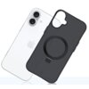Na zdjęciu widoczne jest czarne etui z okrągłym uchwytem na tylnej części, przeznaczone do telefonu Apple iPhone 17. Obok etui znajduje się biały telefon z logo w kształcie nadgryzionego jabłka.