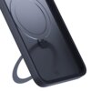 Czarne etui do telefonu z funkcją stojaka i okrągłym wycięciem na środku, które umożliwia korzystanie z funkcji MagSafe. Na dole widoczne jest logo producenta w formie małego symbolu.