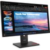 Monitor wyświetla prezentację z tytułem "Tech for Tomorrow" na tle zachodu słońca nad morzem, z widocznymi miniaturami slajdów po lewej stronie. Na dolnej ramce monitora znajduje się logo "Lenovo".