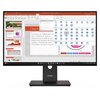 Monitor wyświetla prezentację w programie PowerPoint z widocznymi slajdami po lewej stronie oraz otwartym menu "Transitions" z różnymi opcjami animacji. Na obudowie monitora znajduje się logo "Lenovo".