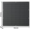 Czarny panel fotowoltaiczny z widocznymi liniami podziału, otoczony ciemną ramą z otworami montażowymi. Na zdjęciu znajdują się wymiary: 115,9 cm wysokości, 102,6 cm szerokości i 0,2 cm grubości.