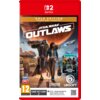 Czerwona okładka gry "Star Wars: Outlaws - Gold Edition" na Nintendo Switch z widocznymi postaciami na tle planety, logo Lucasfilm Games i Ubisoft oraz informacją o zawartości Gold Edition, w tym grze i przepustce sezonowej. Na dole znajduje się oznaczeni