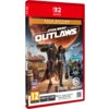 Okładka gry "Star Wars: Outlaws - Gold Edition" na konsolę Nintendo Switch, z widocznymi postaciami na tle planety i statków kosmicznych. Na dole znajdują się loga Lucasfilm Games i Ubisoft, oznaczenie PEGI 12 oraz informacja o zawartości: "Gold Edition i