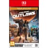 Na okładce gry "Star Wars: Outlaws - Gold Edition" na konsolę Nintendo Switch widnieje ilustracja przedstawiająca dwie postacie na tle planety i statków kosmicznych, z napisami: "Gold Edition Includes Game + Season Pass", "Includes 2 Story Packs + More", 