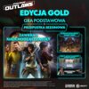 Plakat promujący grę "Star Wars: Outlaws - Edycja Gold" na Nintendo Switch, zawierający tekst: "Edycja Gold, Gra Podstawowa + Przepustka Sezonowa, Zawiera 2 Nadchodzące Fabuły". Dodatkowo widoczne są informacje o ekskluzywnej misji "Gambit Jabby" oraz zes