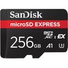 Czarna karta pamięci z czerwonym paskiem, na którym widnieje napis "microSD EXPRESS". Na karcie znajdują się również napisy: "SanDisk", "256GB", "microSDXC I", "A1", "EX" oraz "U3".