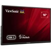 Monitor z czarną ramką, na ekranie widoczne logo "ViewSonic" oraz trzy kolorowe ptaki na czerwonym tle. Na ekranie znajdują się napisy: "16”", "USB-C" oraz "Eye ProTech".