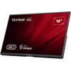 Monitor ViewSonic z czerwonym tłem na ekranie, na którym widoczne są napisy: "ViewSonic", "16”", "USB-C" oraz "Eye ProTech". Na obudowie znajdują się przyciski i porty.