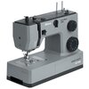 Szara maszyna do szycia z napisem "Minerva" oraz "Servo Motor 100W" na obudowie, posiada dwa pokrętła z oznaczeniami ściegów i napis "HEAVY DUTY HS 1000" na podstawie. Na maszynie widoczny jest również schematyczny rysunek igły i nici.