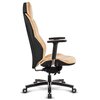 Beżowo-czarny fotel biurowy z regulowanym zagłówkiem i podłokietnikami, widoczny z boku. Fotel posiada solidną podstawę na kółkach oraz ergonomicznie wyprofilowane oparcie i siedzisko.
