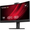Monitor ViewSonic z zakrzywionym ekranem, na którym widoczne są napisy: "1500R Curved", "Docking", "USB-C" oraz "34"". Na górze ekranu znajduje się logo ViewSonic z trzema kolorowymi ptakami.