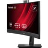 Zakrzywiony monitor z logo ViewSonic na górze ekranu, z widocznymi oznaczeniami: "34"", "1500R Curved", "Docking" oraz "USB-C" na czerwonym tle. Monitor jest zamontowany na prostokątnej podstawie z regulowanym ramieniem.