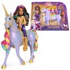 Na obrazie znajduje się lalka siedząca na jednorożcu o fioletowej sierści z kolorową grzywą i złotymi akcentami. W tle widoczne jest opakowanie z napisem "Unicorn Academy" oraz "Sophia & Rainbow Light-Up Wildstar", a także logo Netflix.
