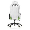 Biało-zielony fotel gamingowy z serii Racing Series S-Line SL2000 ma ergonomiczny kształt z regulowanymi podłokietnikami i solidną podstawą na kółkach. Fotel posiada wyraźne zielone akcenty na białym tle, co nadaje mu nowoczesny wygląd.