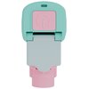 Na obrazie znajduje się inhalator nebulizator w pastelowych kolorach: miętowym, różowym i szarym. Na różowej części widoczny jest symbol włącznika w formie wytłoczenia.
