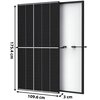 Panel fotowoltaiczny o wymiarach 175,4 cm na 109,6 cm na 3 cm, z widocznymi czarnymi ogniwami na przedniej stronie i białym tłem na tylnej stronie. Produkt posiada dwa przewody z tyłu.