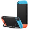 Etui SPIGEN Nano Pop do Nintendo Switch 2 w kolorach czarnym, niebieskim i pomarańczowym, z widocznym logo producenta na środku. Produkt posiada stojak umożliwiający ustawienie konsoli w pozycji pionowej.