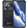 Smartfon OUKITEL WP36 Pro z wyświetlaczem 6,52 cala, w kolorze czarnym, z widocznym logo "OUKITEL" oraz oznaczeniem "IP68" na tylnej obudowie. Na ekranie widoczna jest abstrakcyjna grafika w odcieniach niebieskiego, białego i złotego.