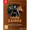 Okładka gry "Tomb Raider IV-VI Remastered Starring Lara Croft Deluxe Edition" na konsolę Nintendo Switch, z centralnie umieszczoną postacią w trzech różnych pozach. Widoczne są logotypy Crystal Dynamics i Aspyr oraz oznaczenie wiekowe 16+ z informacją o s
