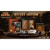 Na zdjęciu znajduje się zestaw "Tomb Raider IV-VI Remastered Starring Lara Croft Deluxe Edition Gra NINTENDO SWITCH", w skład którego wchodzą: pudełko Deluxe Edition, fizyczna gra, steelbook, książka z mapami eksploracyjnymi oraz płyta z największymi prze
