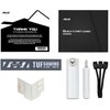 Na zdjęciu widoczne są elementy zestawu karty graficznej, w tym czarny kartonik z napisem "THANK YOU For Purchasing an ASUS Graphics Card" oraz instrukcja "QUICK START GUIDE GRAPHICS CARD". Obok znajdują się akcesoria, takie jak pasek z napisem "TUF GAMIN