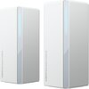 Dwa białe urządzenia o prostokątnym kształcie z pionowym, niebieskim paskiem świetlnym na przedniej części. Na bokach widoczny jest napis: "Xiaomi Mesh System AX3000 NE".
