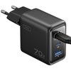 Czarna ładowarka sieciowa z dwoma portami USB-C oznaczonymi jako C1 i C2 oraz jednym portem USB-A oznaczonym jako A, z widocznym napisem "70W FAST CHARGE" i logo "INIU". Wtyczka jest podłączona do portu C1.